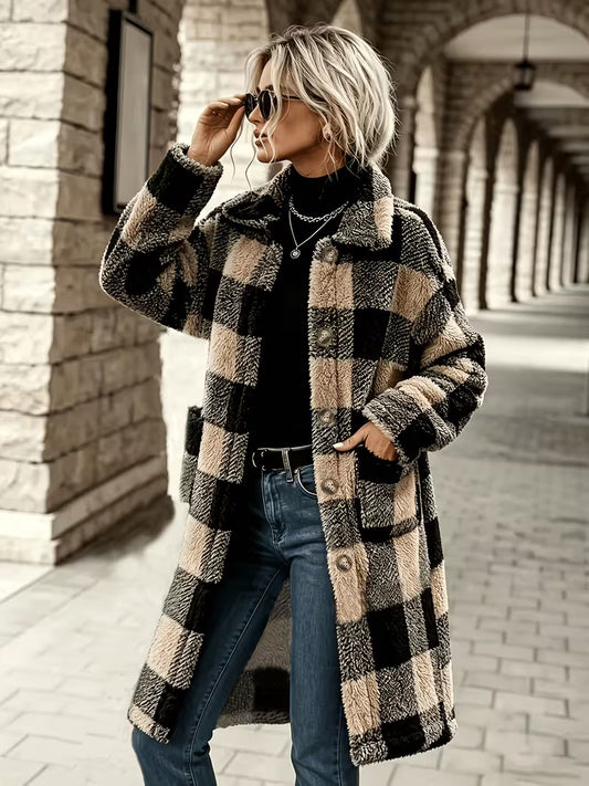 Long Plush Plaid Coat