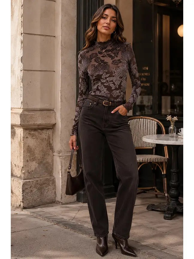 Floral Mesh Mock Neck Top
