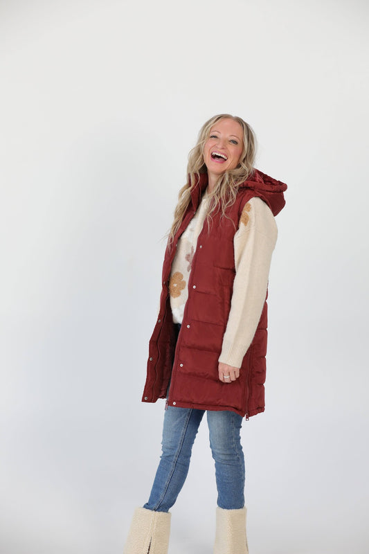 Long Puffy Vest - Brick