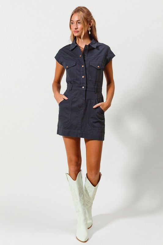 Button Up Shirt Dress - Navy
