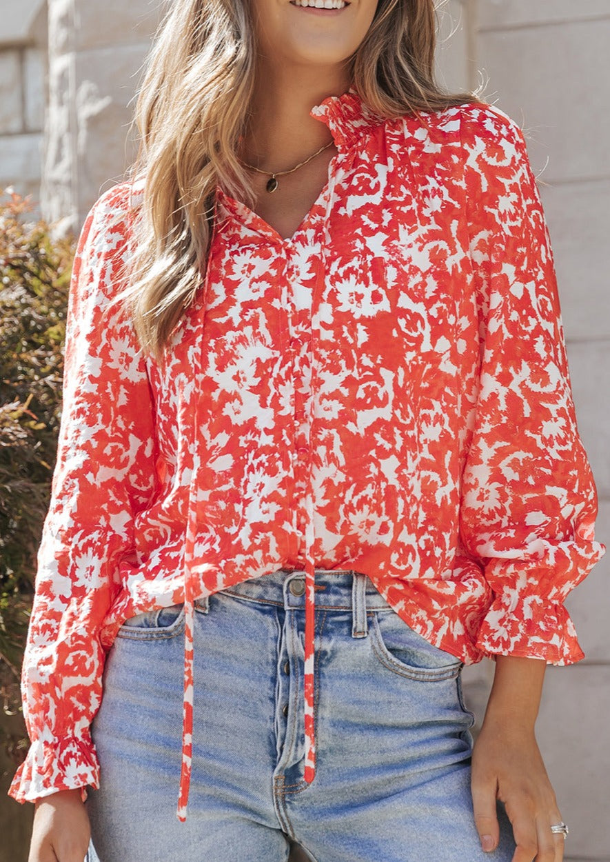 Coral Floral Ruffled Notched V-Neck Blouse