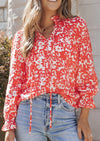 Fiery Red Floral Ruffled Notched V-Neck Blouse