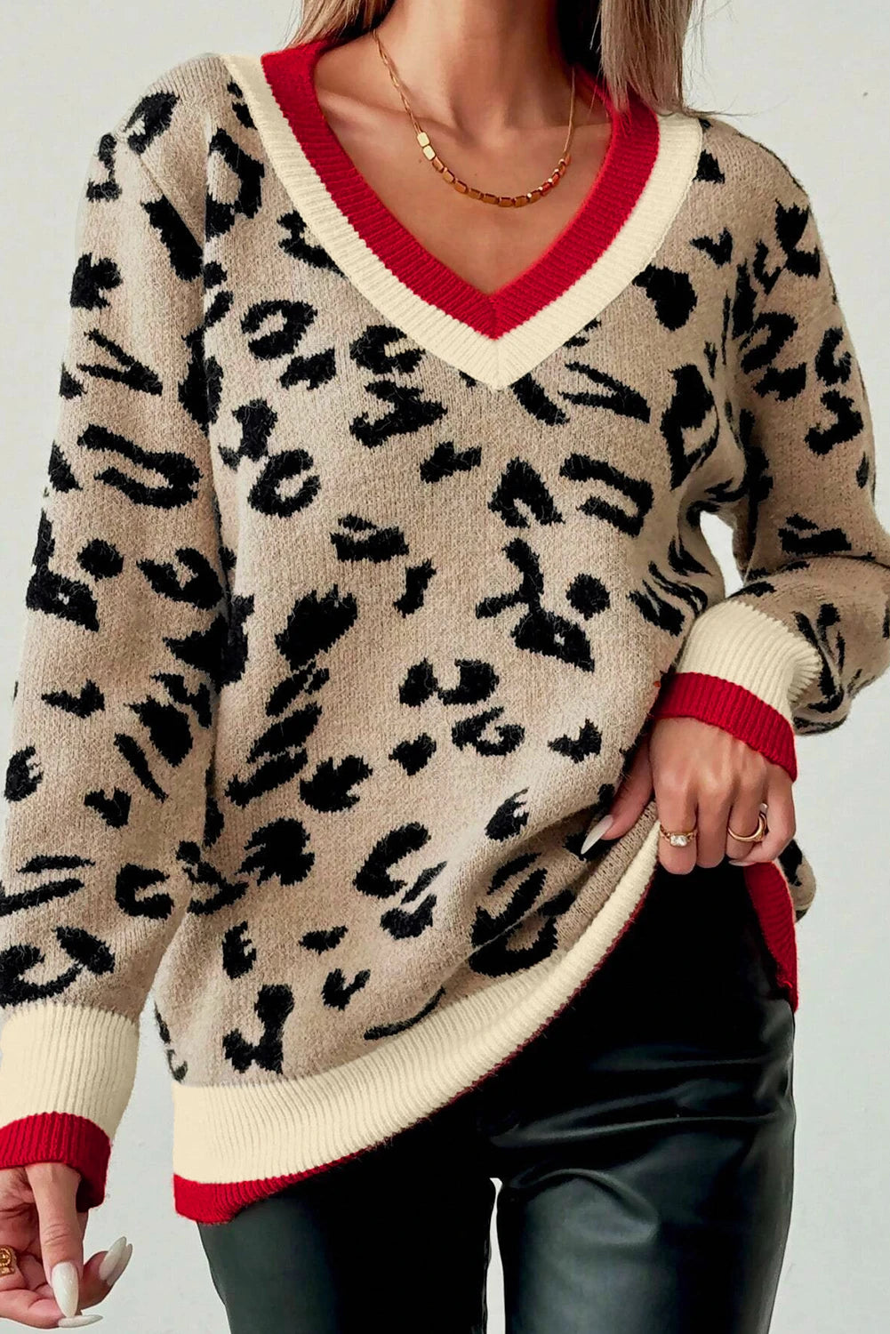 Khaki Leopard V-Neck Sweater
