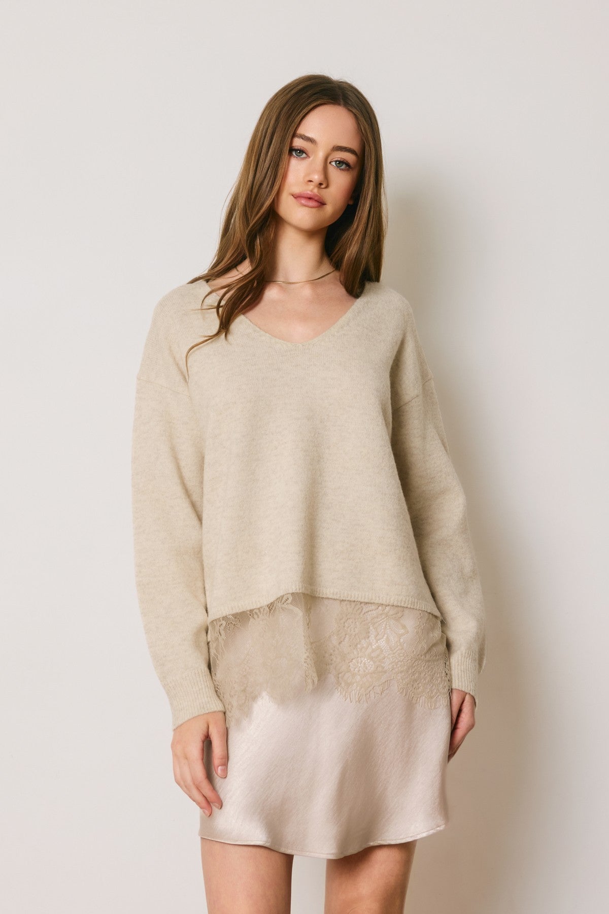 Lace Hem V-neck Oversized Sweater