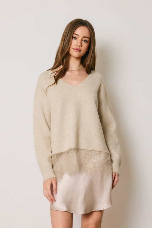 Lace Hem V-neck Oversized Sweater