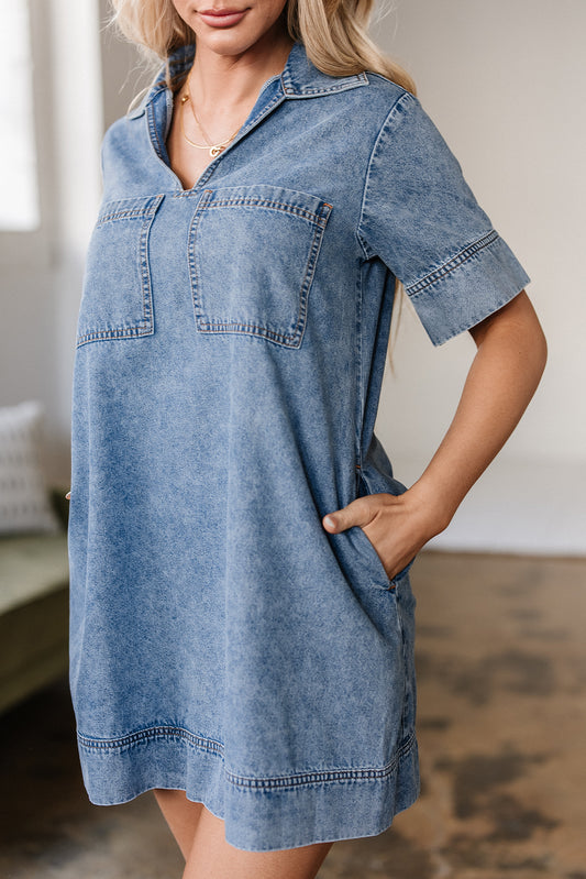 Blue Short Sleeve Collared Dress