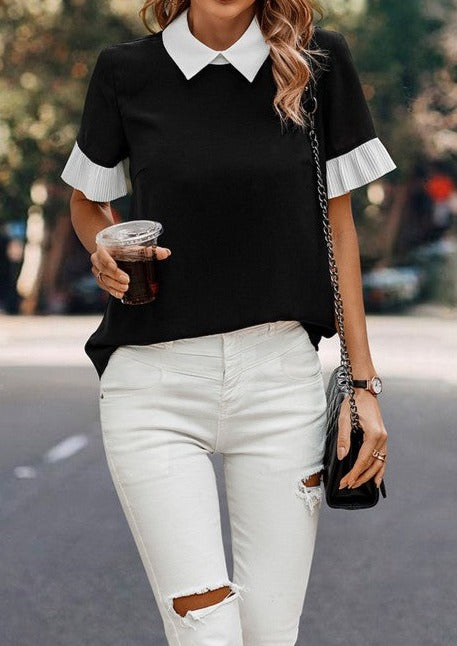 Black/White Ruffle Short Sleeve Blouse