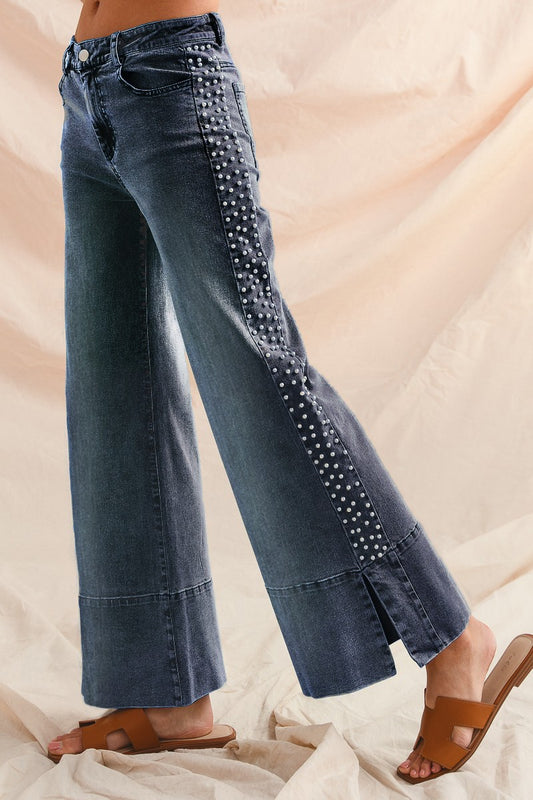 Mid Rise Flare Bottom Denim Jeans With Side Pearl