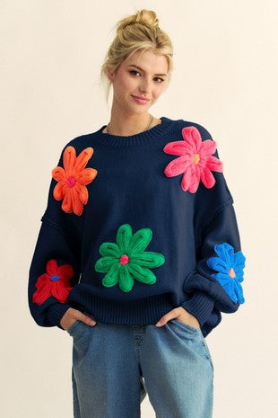Floral Sweater Top - Navy