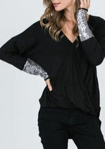 Black Sequin Long Sleeve Wrap Top