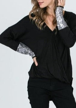 Black Sequin Long Sleeve Wrap Top