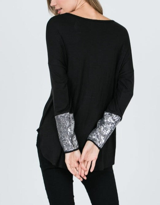 Black Sequin Long Sleeve Wrap Top