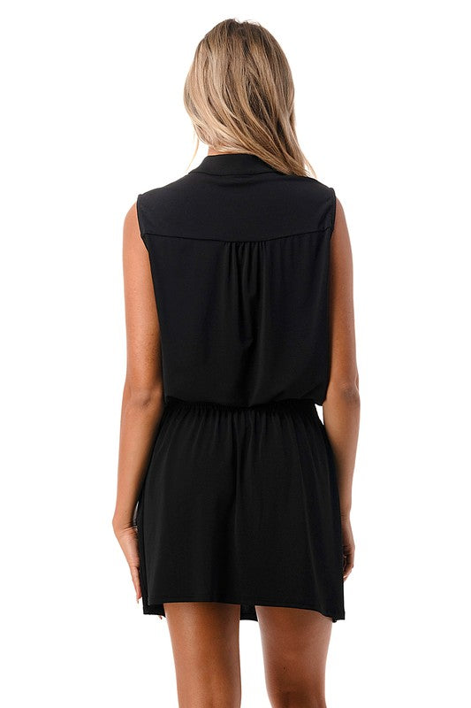 Black Smocked Waist Sleeveless Dress