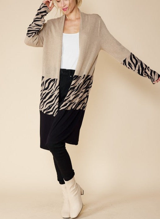 Color Block Open Front Long Cardigan