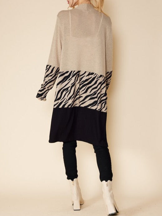 Color Block Open Front Long Cardigan