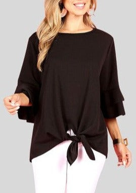 Black Solid Top with Tiered Bell Sleeves