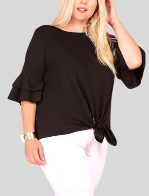 Black Solid Top with Tiered Bell Sleeves