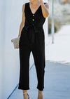 V Neck Button Belted Jumpsuit with Pockets