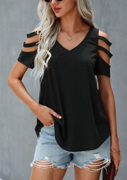 Black Short Sleeve Cutout Cold Shoulder Top