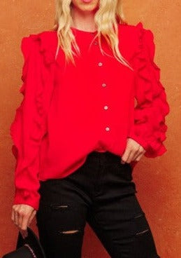 Red Ruffled Flowy Round Neck Blouse