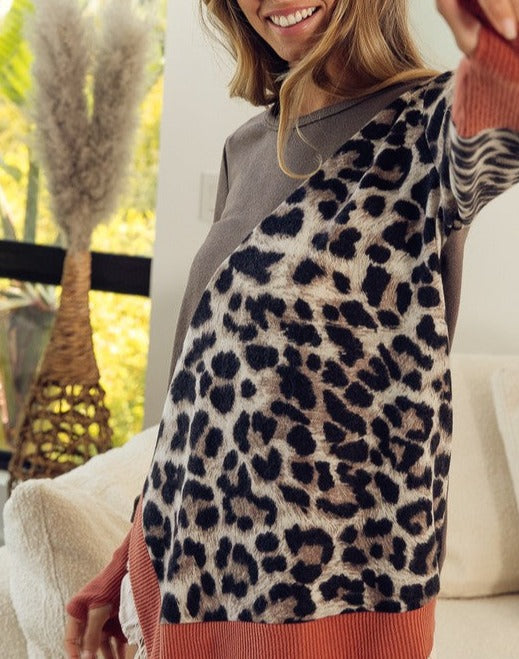 Brushed Leopard Contrast Ribbed Top