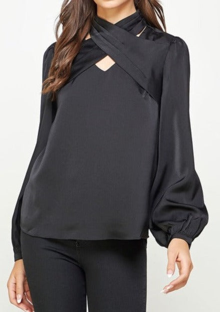 Satin Wrap Balloon Sleeve Blouse