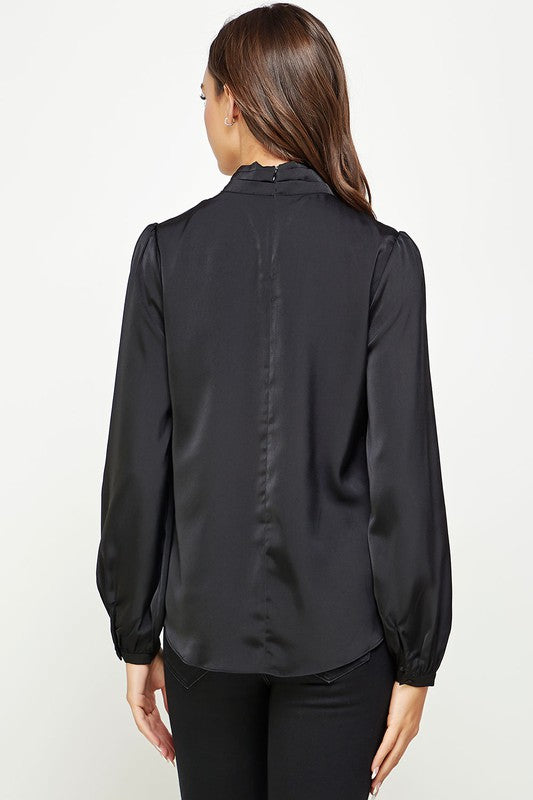 Satin Wrap Balloon Sleeve Blouse