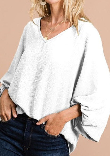 Cream V Neck Top with Bubble Sleeves