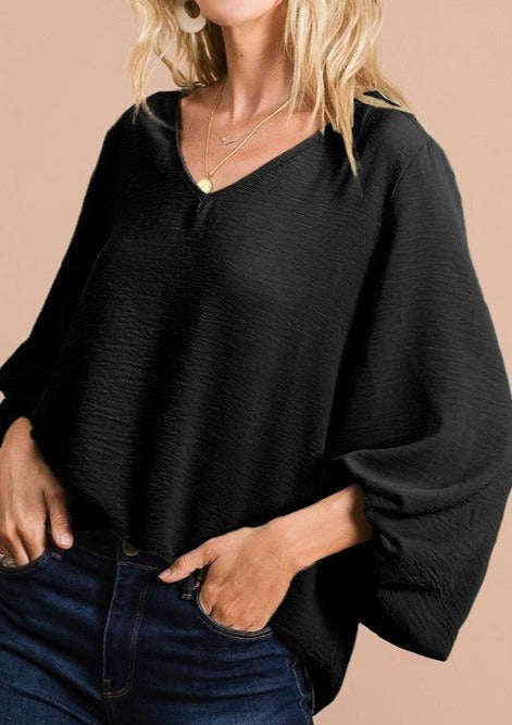 Black V Neck Top with Bubble Sleeves