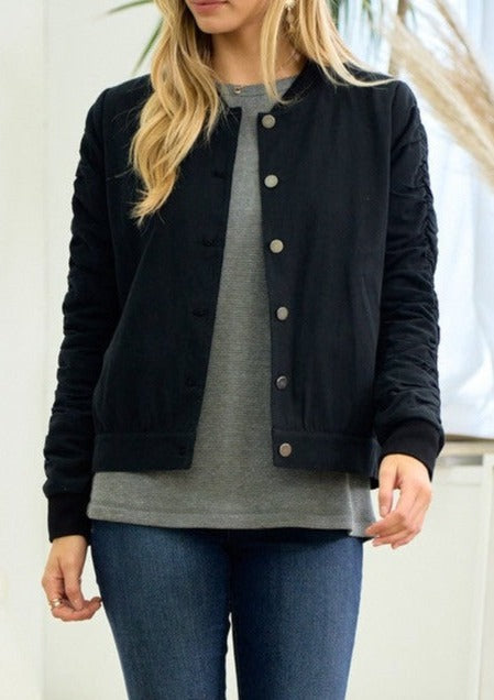 Black Shirred Sleeve Bomber Jacket