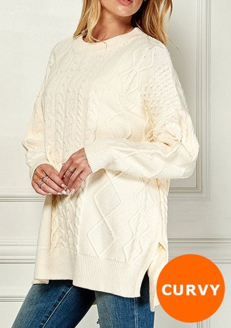 Cable Knit Comfy Loose Fit Side Slit Sweater - Curvy