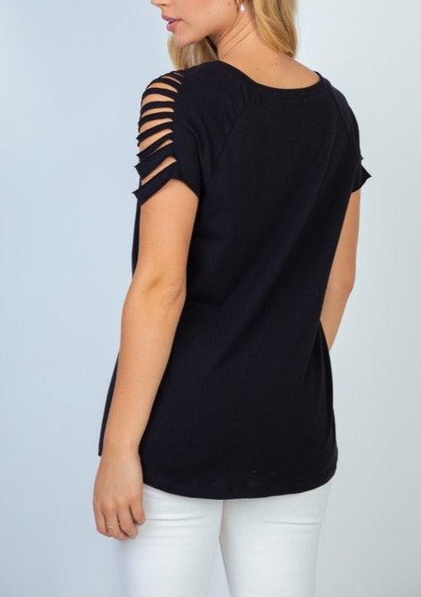Black Short Detailed Sleeve Knit Top
