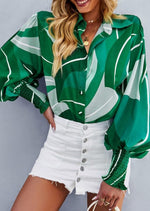 Green Print Button Down Smocked Top