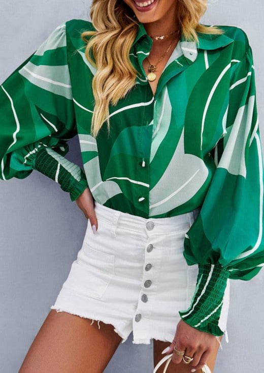 Green Print Button Down Smocked Top