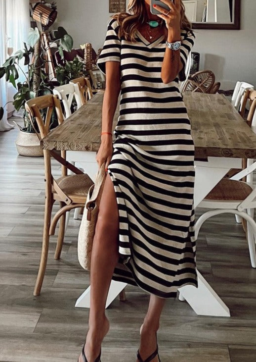 Stripe Print V Neck Maxi Dress with Side Splits