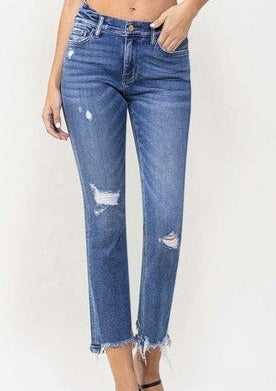 Mid Rise 2 Layers Waistband with Distressed Hem Crop Flare
