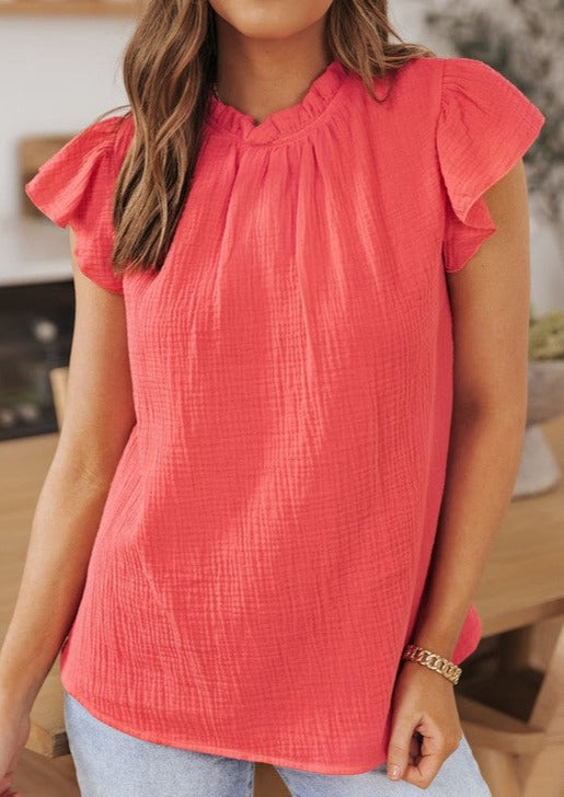 Coral Flutter Sleeve Frilled Neck Blouse