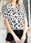 Leopard Notch Neck Bubble Sleeve Blouse