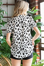 Leopard Notch Neck Bubble Sleeve Blouse