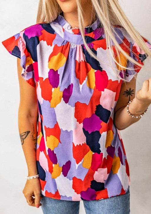 Multi Color Ruffle Cap Sleeve Frill Printed Top