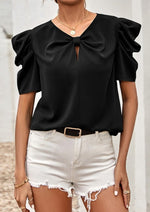 Black Solid V Neck Ruffle Puff Sleeve Blouse