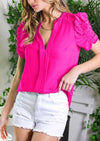 Pink V-Neck Short Puff Sleeve Shirring Woven Blouse
