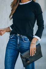 Black Solid Ruffle Crew Neck Knit Sweater
