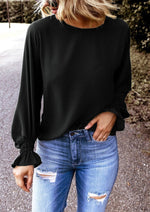 Black Crew Neck Ruffle Bubble Sleeve Top