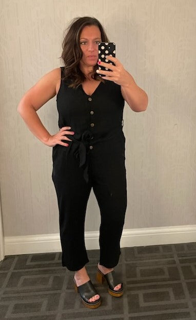 V Neck Button Belted Jumpsuit with Pockets