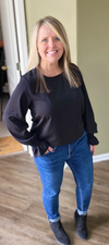 Black Crew Neck Ruffle Bubble Sleeve Top
