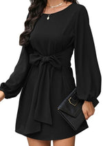 Black Puff Sleeves Solid Short Dress
