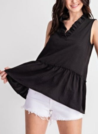 Black Sleeveless Solid Woven Top with Ruffle
