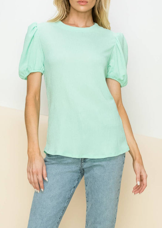 Green Crepe Puff Short Sleeve Top