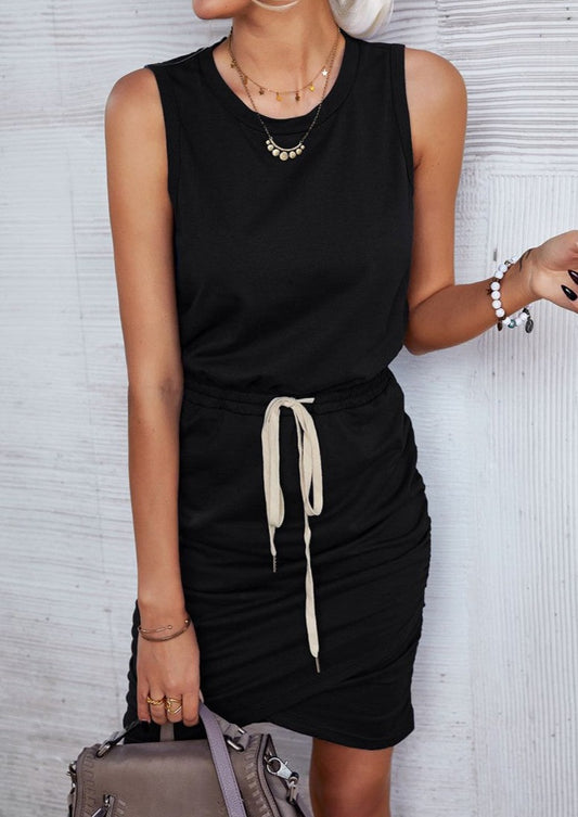 Black Tank Dress with Front Tie and Ruching